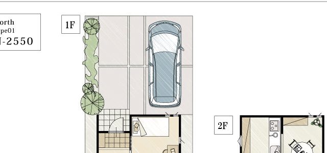 2Fリビング・北玄関／延床面積25坪☆岡山で木造住宅を建てるなら！サン 